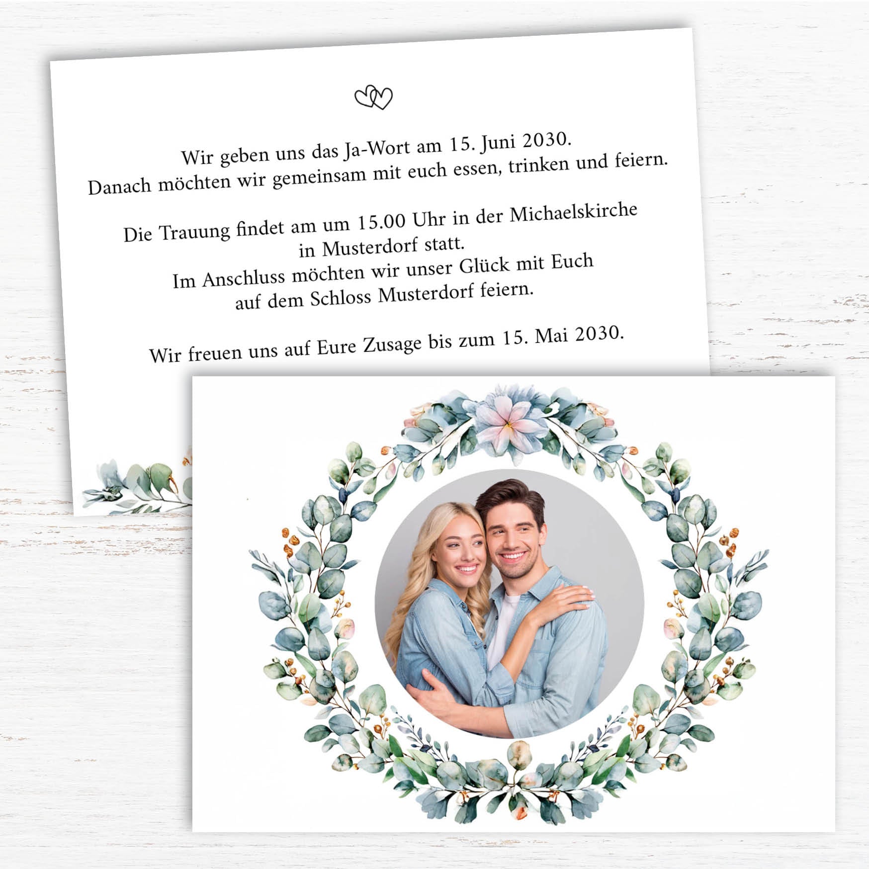 Einladung zur Hochzeit: Eukalyptus mit Foto